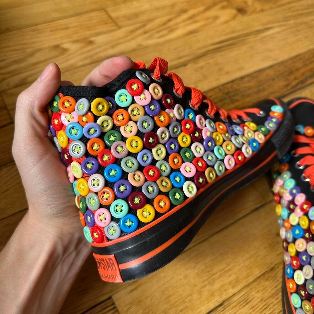 Black Button Hand Sewn Chuck Taylor Style Hi Top Shoes - Picture 5 of 8